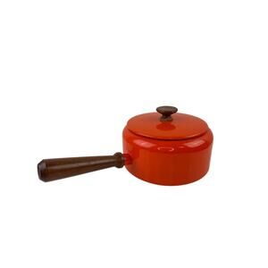 Vintage Bright Enamel Orange Fondue Pot Aluminum Wooden Single Handle with Lid